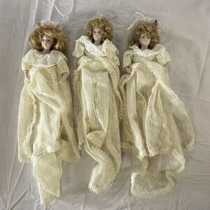 Lot of 3 Vintage Santa's World Porcelain Dolls Lace Gowns Kurt Adler Vintage